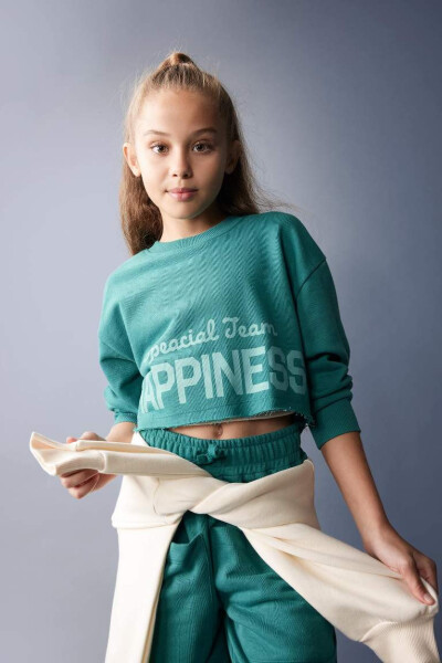 Girls Crop Crew Neck Printed Sweatshirt Dark Green - 3