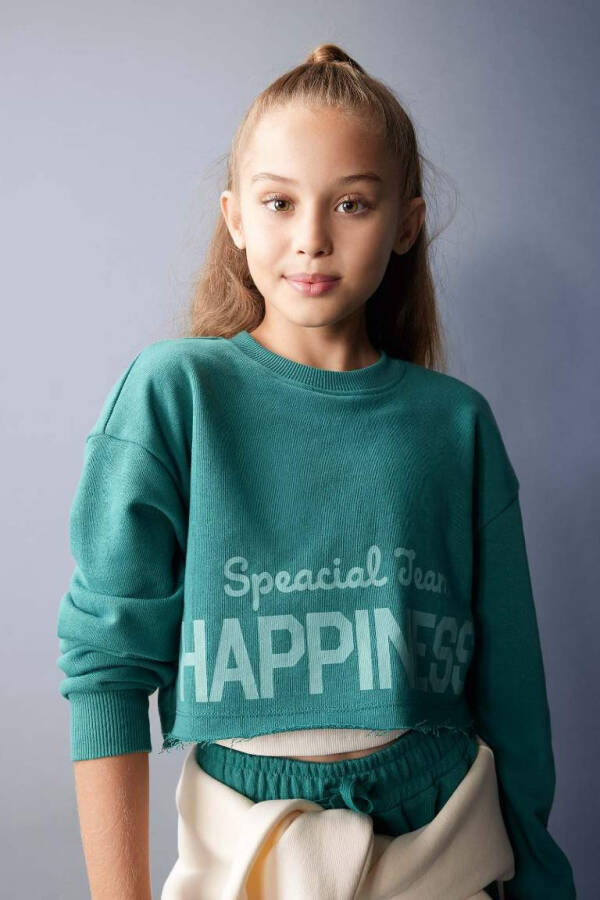 Girls Crop Crew Neck Printed Sweatshirt Dark Green - 4