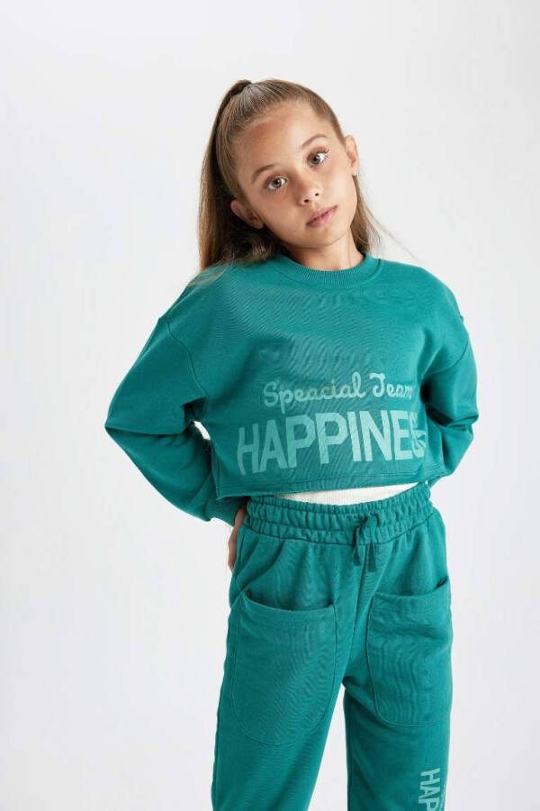 Girls Crop Crew Neck Printed Sweatshirt Dark Green - 5