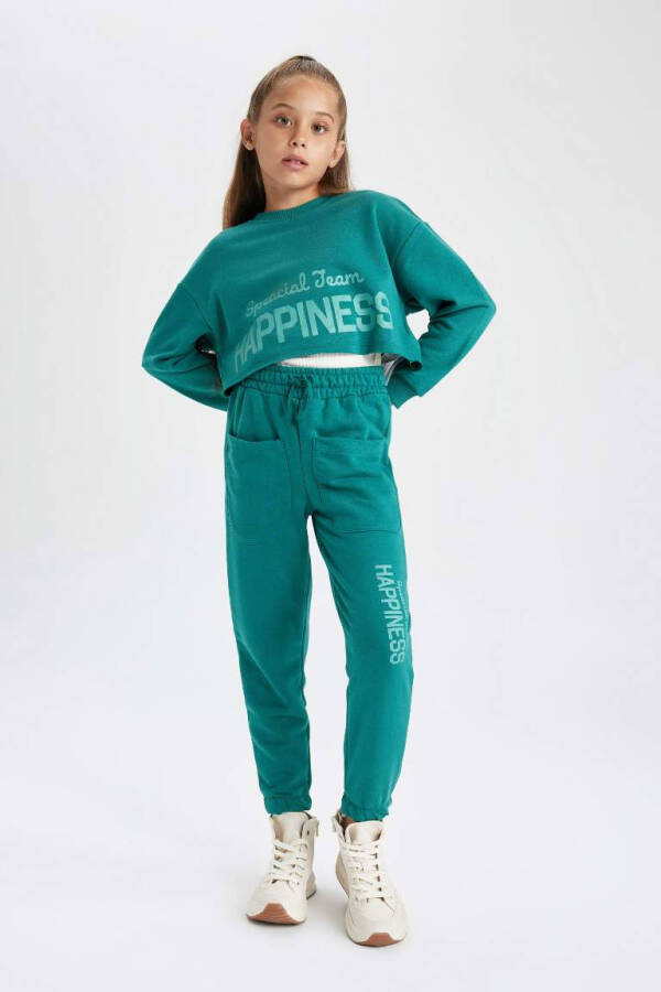 Girls Crop Crew Neck Printed Sweatshirt Dark Green - 6