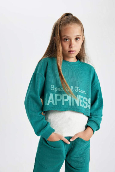 Girls Crop Crew Neck Printed Sweatshirt Dark Green - 8