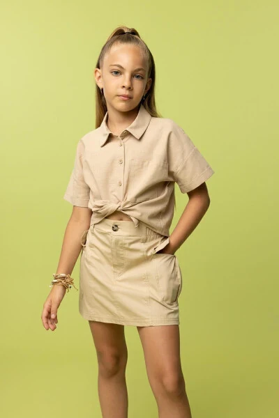 Girls' Crop Linen Short Sleeve Shirt Tyc00855067837 - DEFACTO (1)