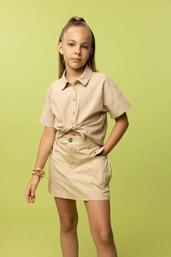 Girls' Crop Linen Short Sleeve Shirt Tyc00855067837 - 2