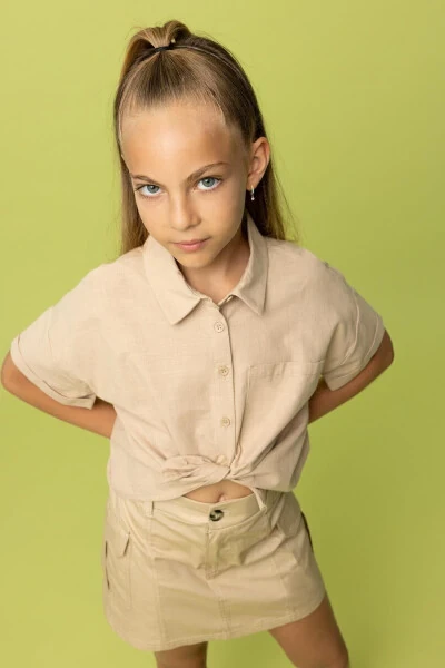 Girls' Crop Linen Short Sleeve Shirt Tyc00855067837 - 3