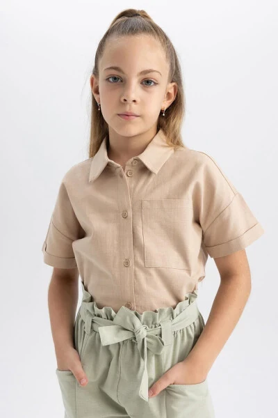 Girls' Crop Linen Short Sleeve Shirt Tyc00855067837 - 4