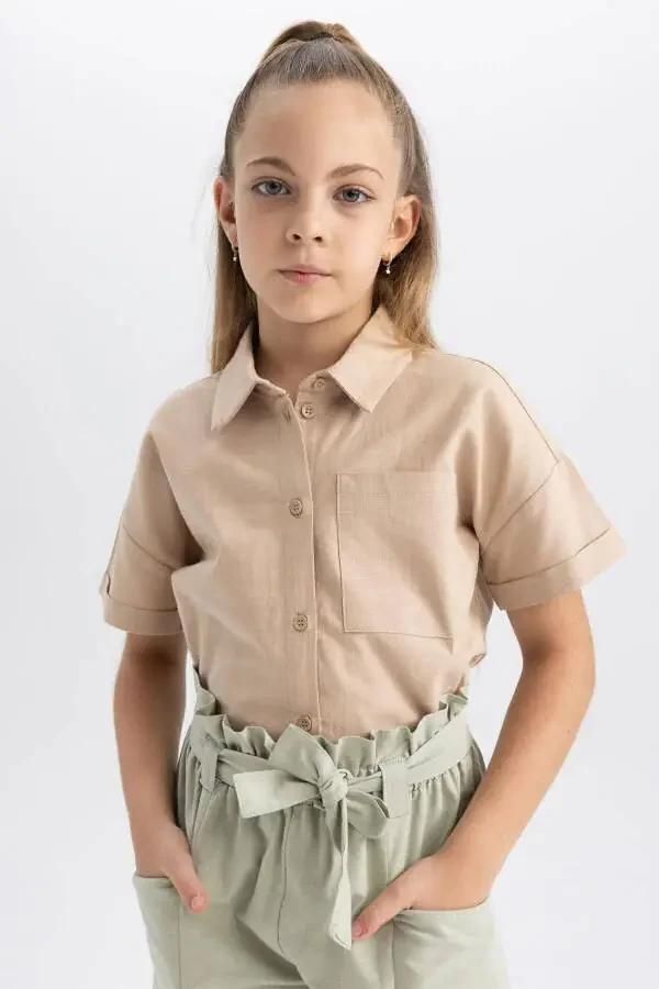 Girls' Crop Linen Short Sleeve Shirt Tyc00855067837 - 4