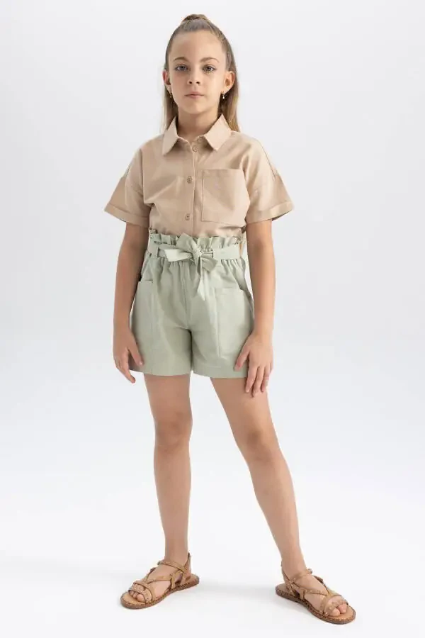 Girls' Crop Linen Short Sleeve Shirt Tyc00855067837 - 5