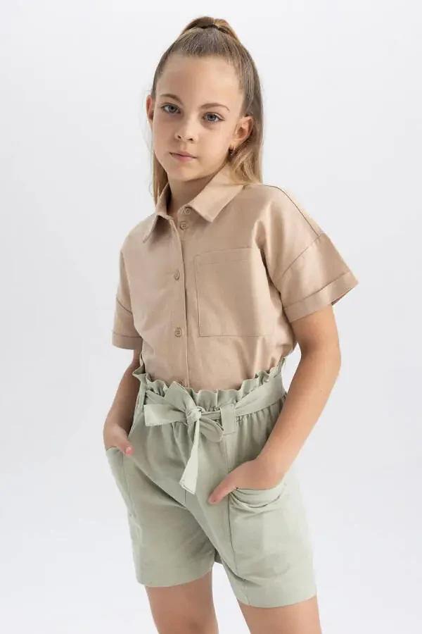 Girls' Crop Linen Short Sleeve Shirt Tyc00855067837 - 6
