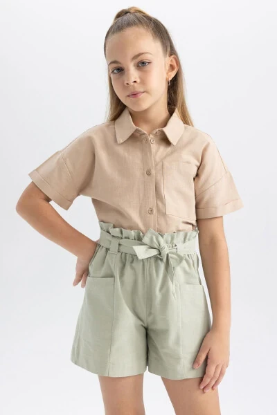 Girls' Crop Linen Short Sleeve Shirt Tyc00855067837 - 7