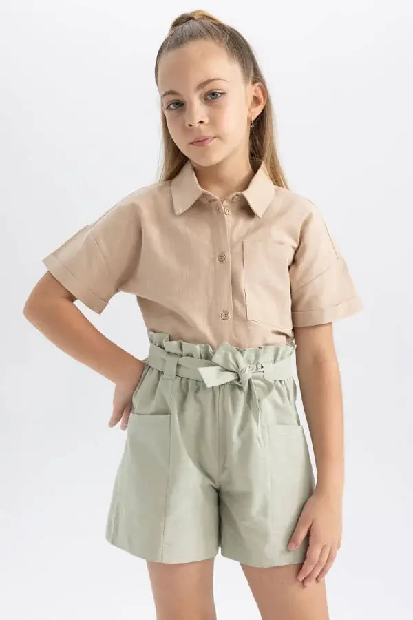 Girls' Crop Linen Short Sleeve Shirt Tyc00855067837 - 7