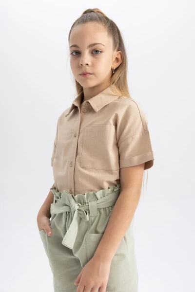 Girls' Crop Linen Short Sleeve Shirt Tyc00855067837 - 8
