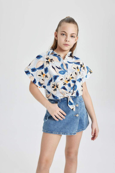 Girls' Crop Patterned Cotton Short-Sleeved Shirt Blue - 1