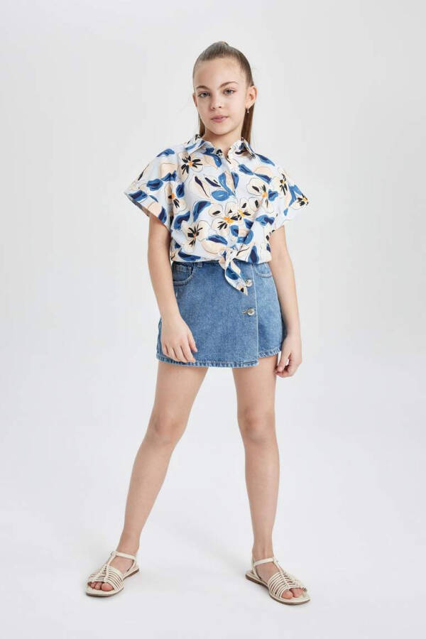 Girls' Crop Patterned Cotton Short-Sleeved Shirt Blue - 2