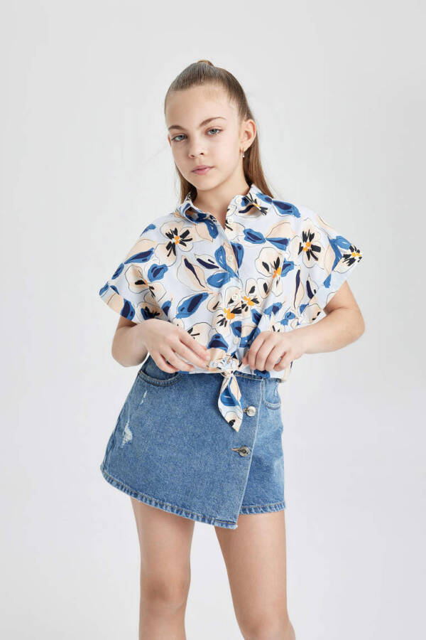 Girls' Crop Patterned Cotton Short-Sleeved Shirt Blue - 3