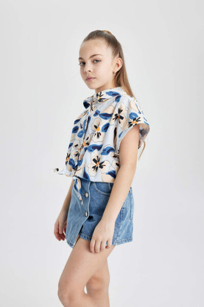 Girls' Crop Patterned Cotton Short-Sleeved Shirt Blue - 4