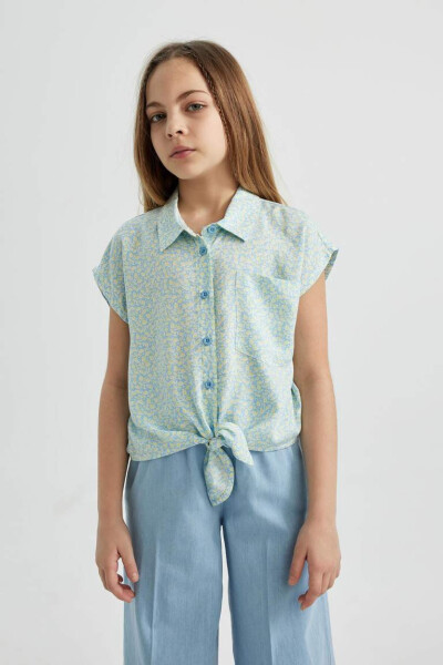 Girls' Crop Patterned Short-Sleeved Shirt Blue - 1