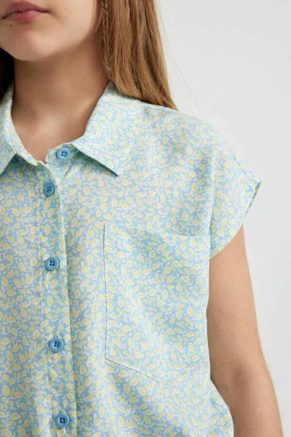 Girls' Crop Patterned Short-Sleeved Shirt Blue - 3