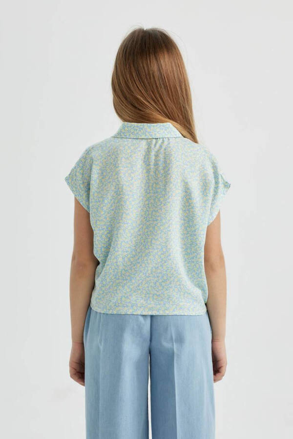 Girls' Crop Patterned Short-Sleeved Shirt Blue - 5