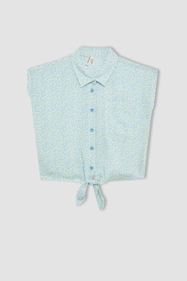 Girls' Crop Patterned Short-Sleeved Shirt Blue - 6