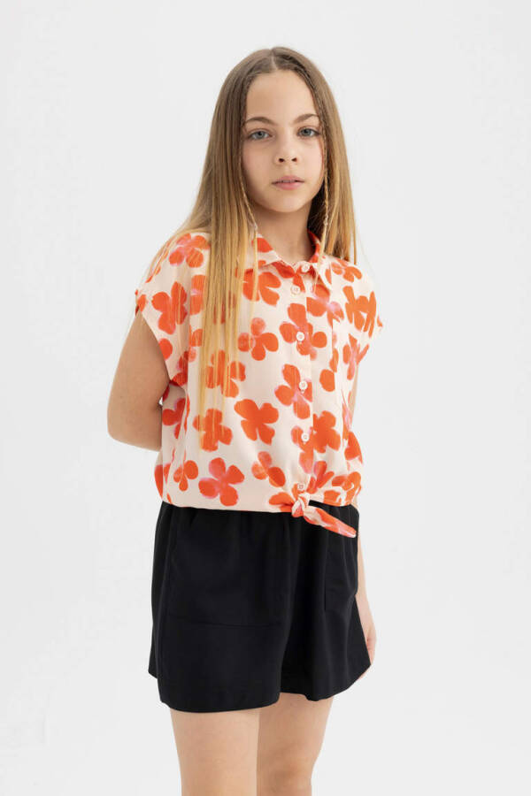 Girls' Crop Patterned Short-Sleeved Shirt Red - 4