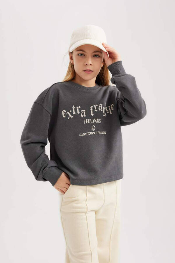 Girls' Crop Printed Crewneck Sweatshirt Anthracite - 1