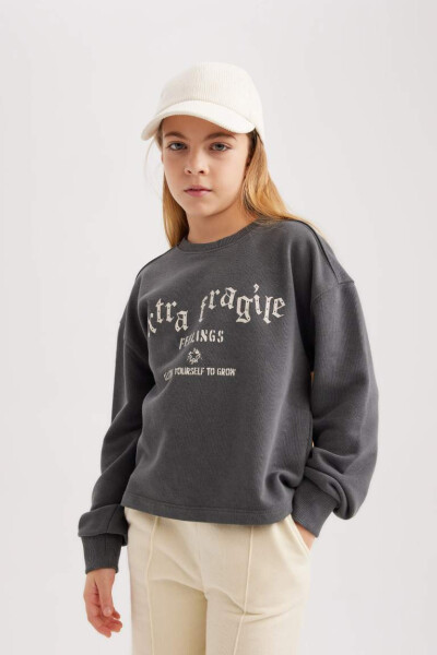 Girls' Crop Printed Crewneck Sweatshirt Anthracite - 4