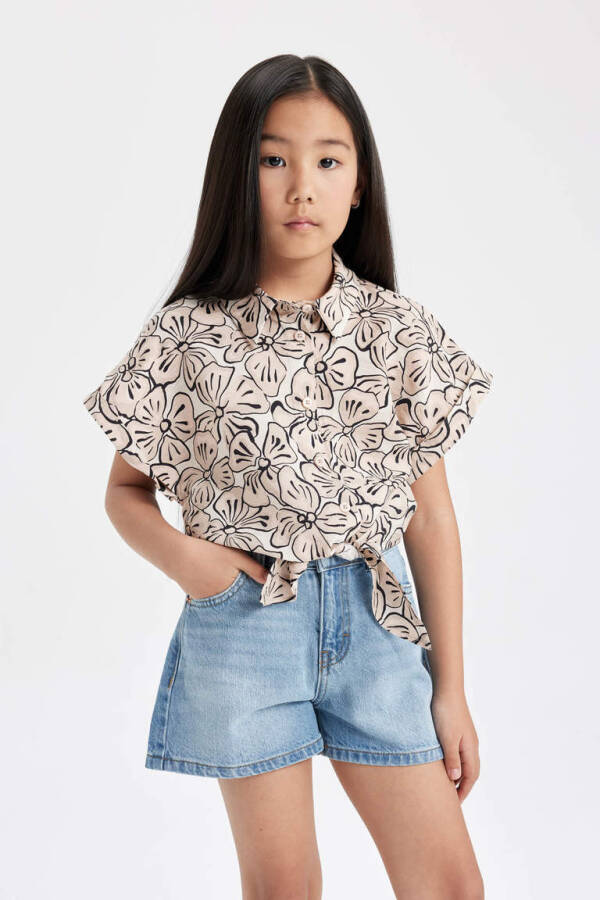 Girls' Crop Short-Sleeved Printed Shirt Khaki - 1