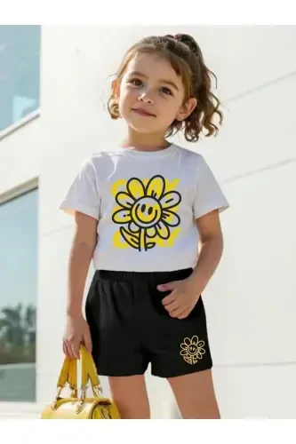 Girl's Daisy Print T-Shirt & Shorts Set (White-Black)-white - 1
