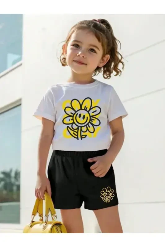 Girl's Daisy Print T-Shirt & Shorts Set (White-Black)-white - 1