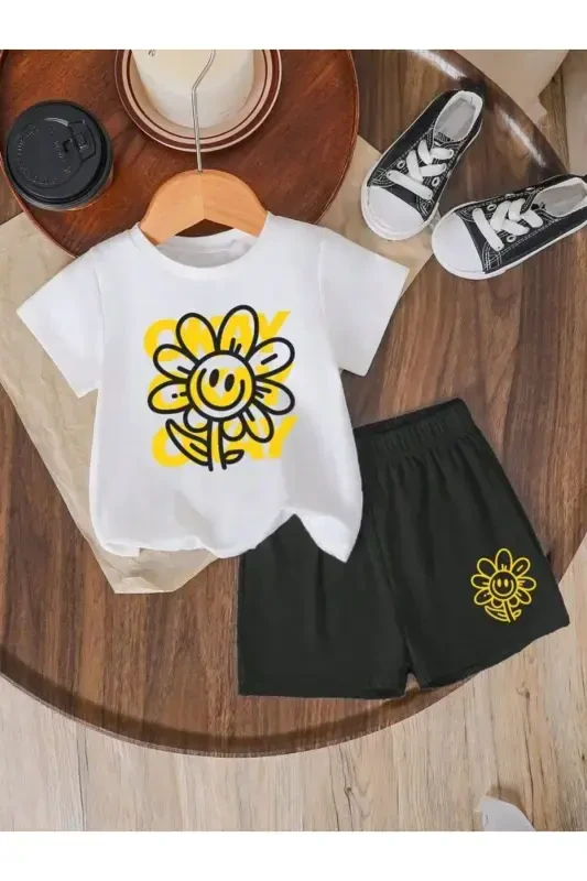Girl's Daisy Print T-Shirt & Shorts Set (White-Black)-white - 2