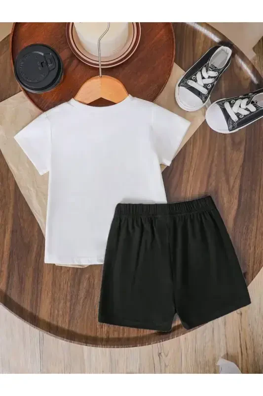 Girl's Daisy Print T-Shirt & Shorts Set (White-Black)-white - 3