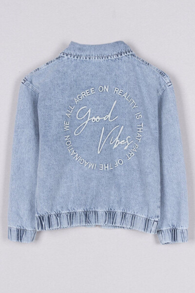 Girls' Denim Jacket with Good Vibes Writing, Zipper Closure, Elastic Waist and Cuffs - 5