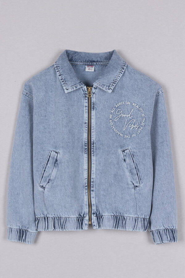 Girls' Denim Jacket with Good Vibes Writing, Zipper Closure, Elastic Waist and Cuffs - 1