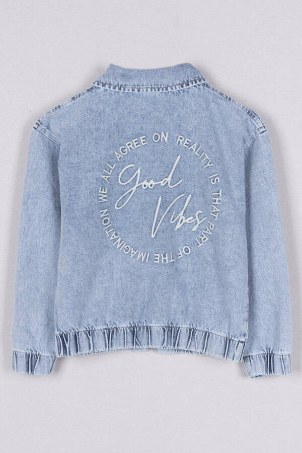 Girls' Denim Jacket with Good Vibes Writing, Zipper Closure, Elastic Waist and Cuffs - 2