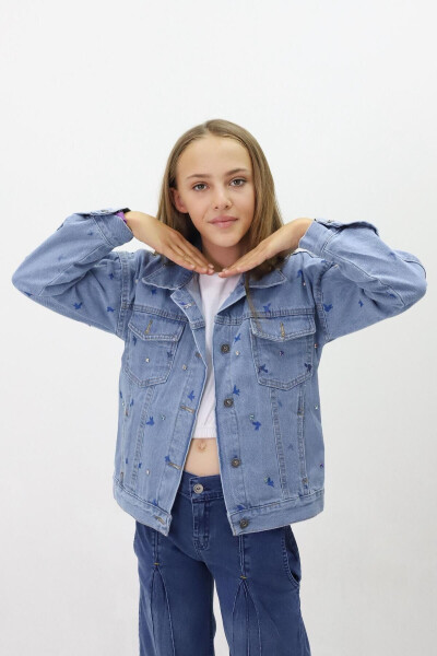 Girls' Denim Jacket with Pattern - 1