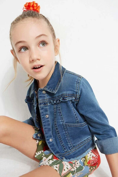 Girls' Denim Jacket with Ruffles, Blue, Ages 2-9 - 3
