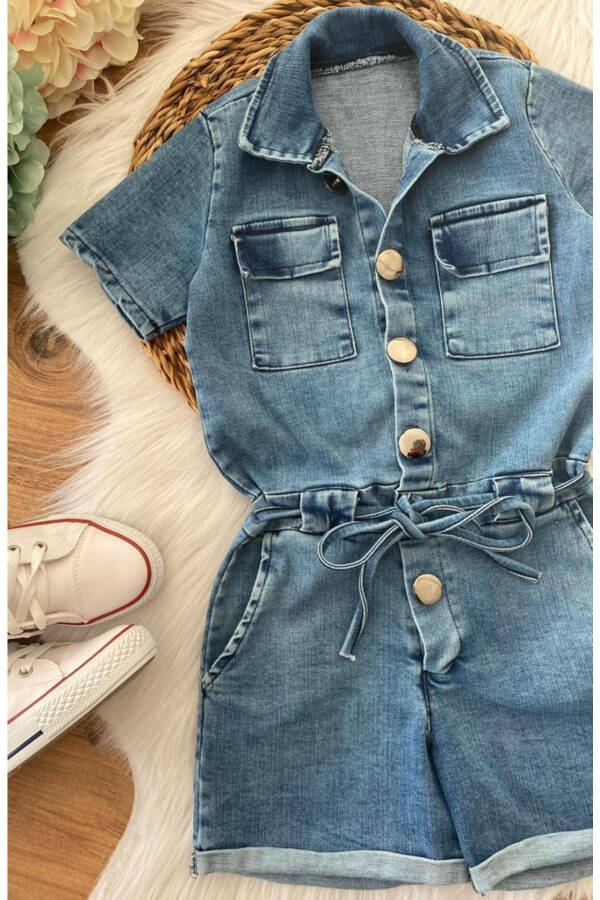 Girls Denim Shorts Jumpsuit - 4