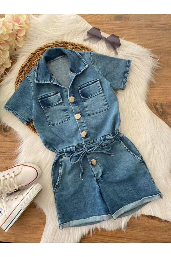 Girls Denim Shorts Jumpsuit - 1