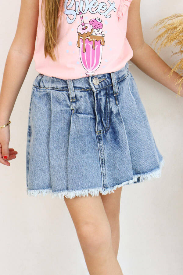 Girls' Denim Shorts Skirt Pleated Tassel 5-9 Years, Blue - 8