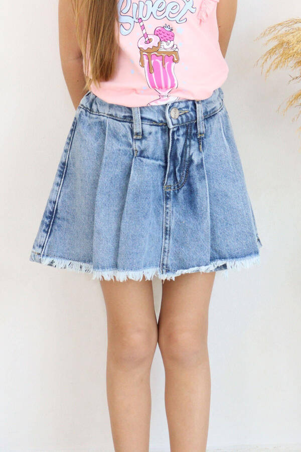 Girls' Denim Shorts Skirt Pleated Tassel 5-9 Years, Blue - 9