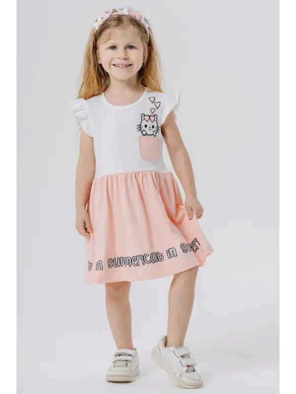 Girl's Dress with Pockets, Glittery Kitten Print, Ecru (1.5-4 Years Old)-Ecru - 1