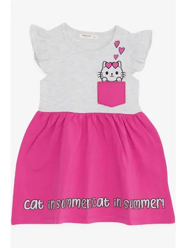 Girl's Dress with Pockets, Glittery Kitten Print, Light Gray Melange (1.5-3 Years)-Gray - 1
