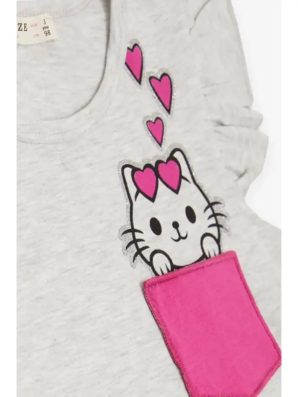Girl's Dress with Pockets, Glittery Kitten Print, Light Gray Melange (1.5-3 Years)-Gray - 3