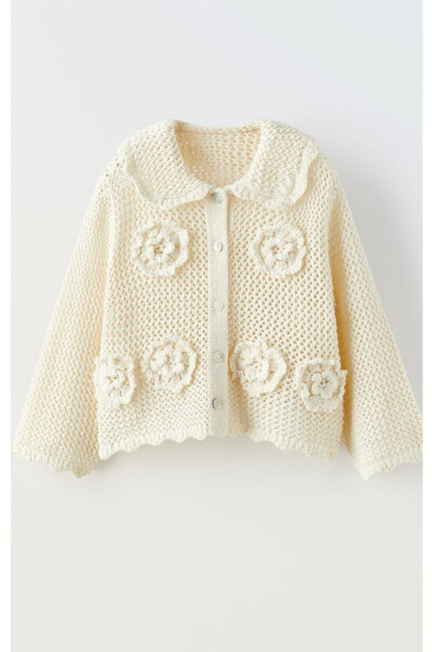 Girls' Ecru Floral Embroidered Knit Cardigan with Baby Collar Button Closure Trend Season - 5