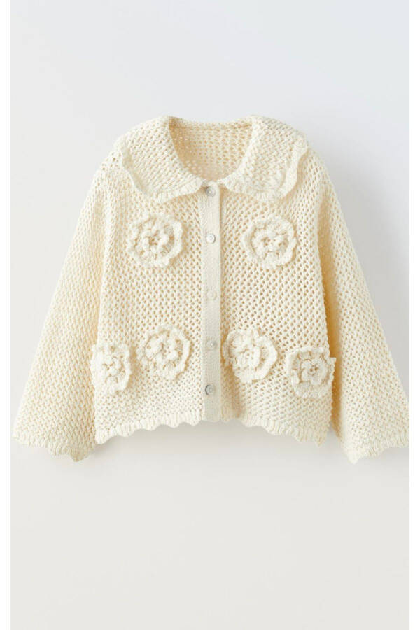 Girls' Ecru Floral Embroidered Knit Cardigan with Baby Collar Button Closure Trend Season - 5