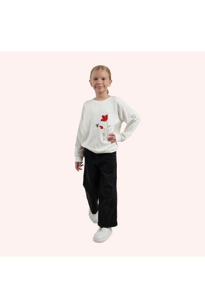Girl's Ecru Sweatshirt with Embroidery Detail 
