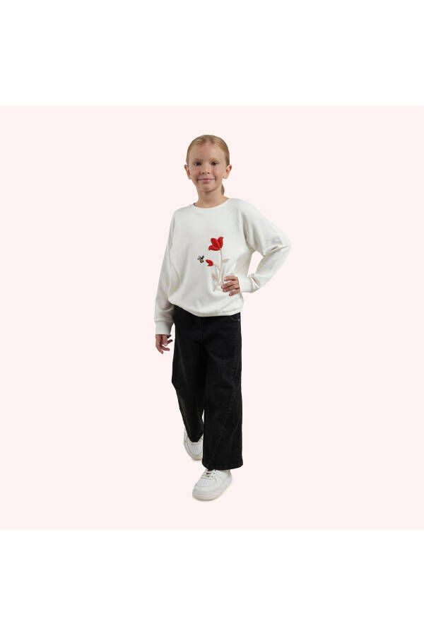 Girl's Ecru Sweatshirt with Embroidery Detail - 1