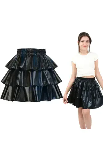 Girl's Elastic Waist Metallic Shiny Glittery 3-Layer Ruffle Skirt - Black - 1