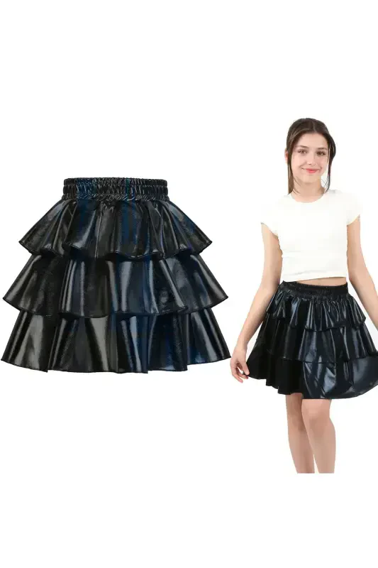 Girl's Elastic Waist Metallic Shiny Glittery 3-Layer Ruffle Skirt - Black - 1