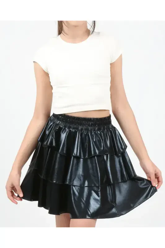 Girl's Elastic Waist Metallic Shiny Glittery 3-Layer Ruffle Skirt - Black - 2